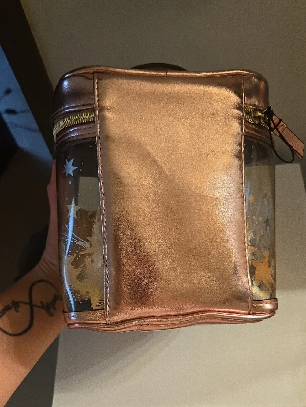 Victoria's Secret Metallic Rose Gold Cosmetic Case with Gold Star Print